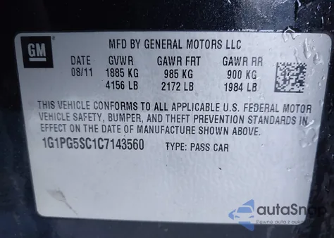2012 Chevrolet Cruze 2Lt z USA, uszkodzony, nr VIN 1G1PG5SC1C7143560
